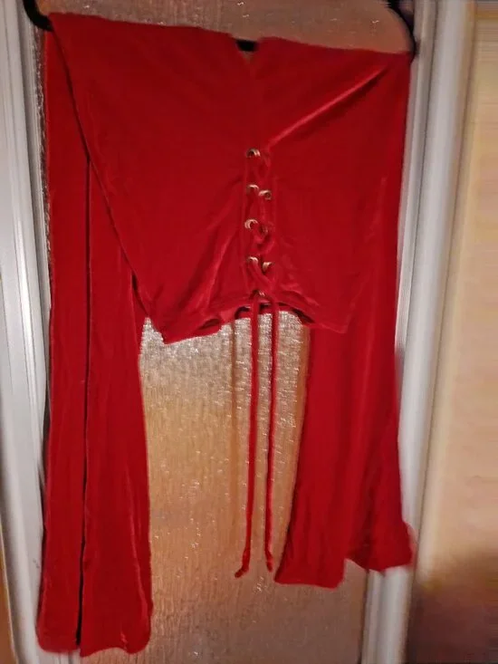 Red Lace Up Velvet Bell Bottom Pants - Picture 3 of 5